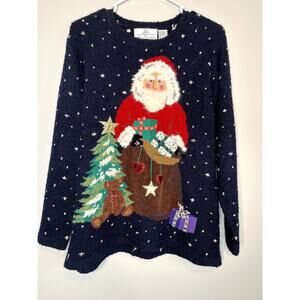 Vintage 1990s Design Options Navy Christmas Tree Santa Granny Teacher Sweater M